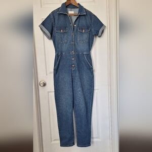 Celebrity Pink Denim Jumpsuit Size Medium Short Sleeve Button Front
